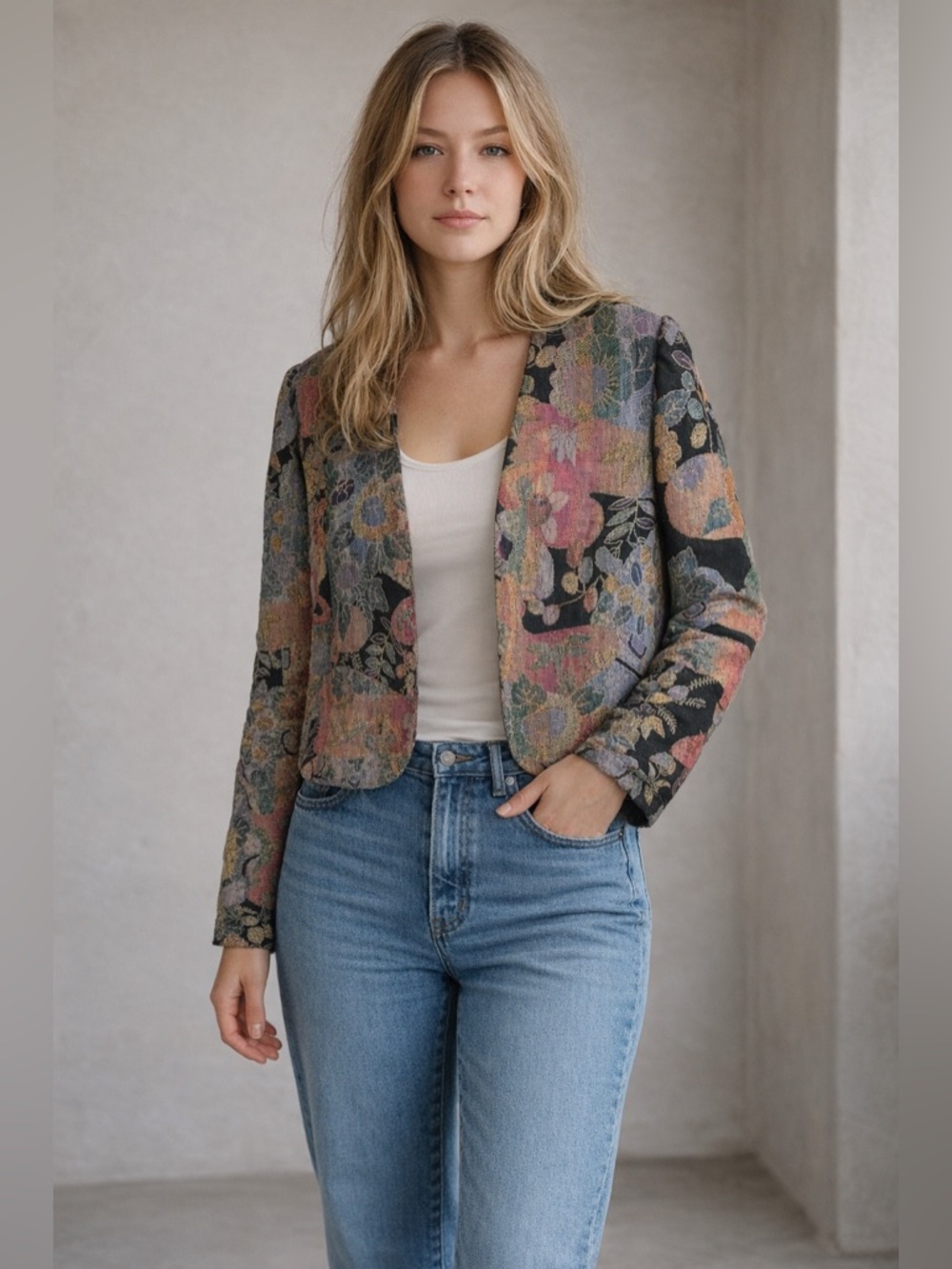 Vintage Caron Floral Tapestry Jacket Cropped Open Front M